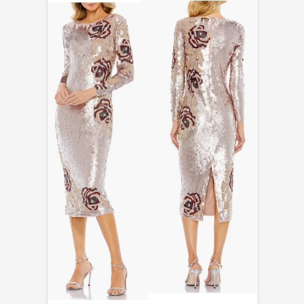 Mac Duggal Beaded Rose Long Sleeve Sequin Midi Dress Sz 10 NEW 93624